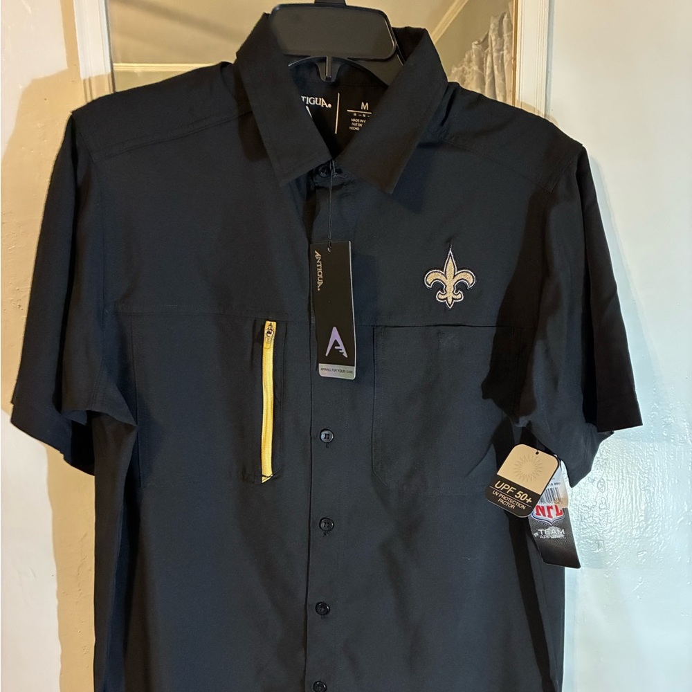 New Orleans saints Antigua Black Shirt with Embroidered symbol fishing shirt